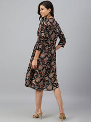 Black Cotton Floral Print Flared Western Dress Black Cotton Floral Print Flared Western Dress