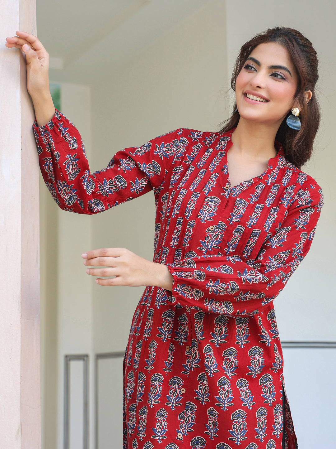 Maroon Cotton Floral Print Flared Kurta