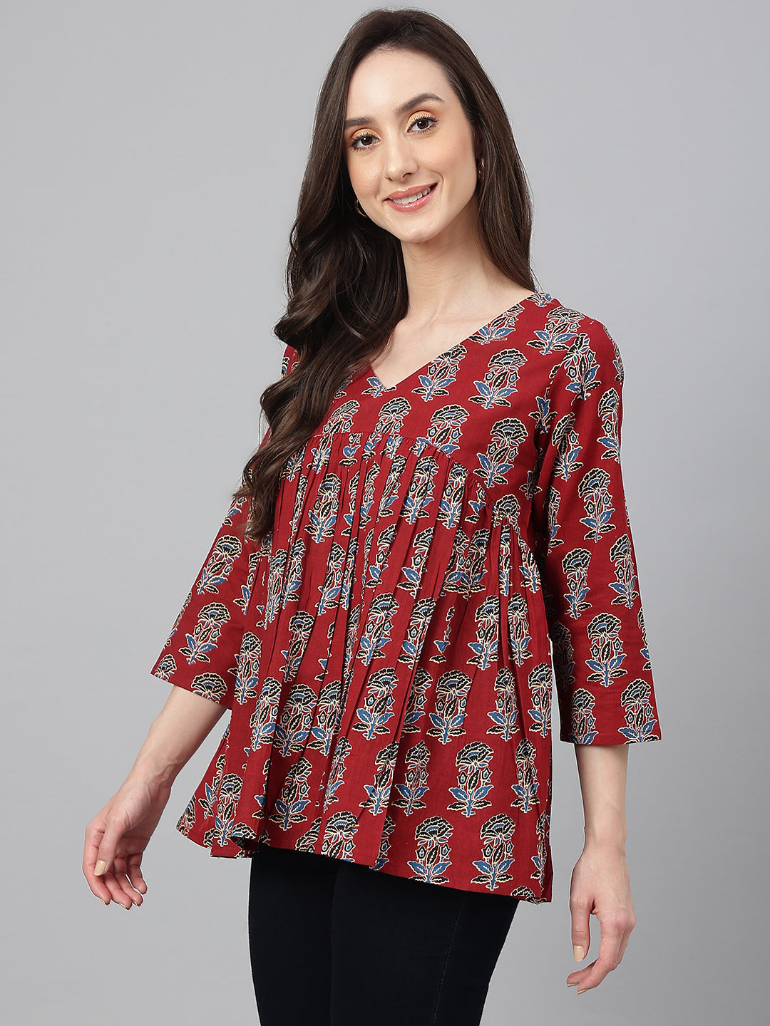 Maroon Cotton Floral Block Print Flared Top