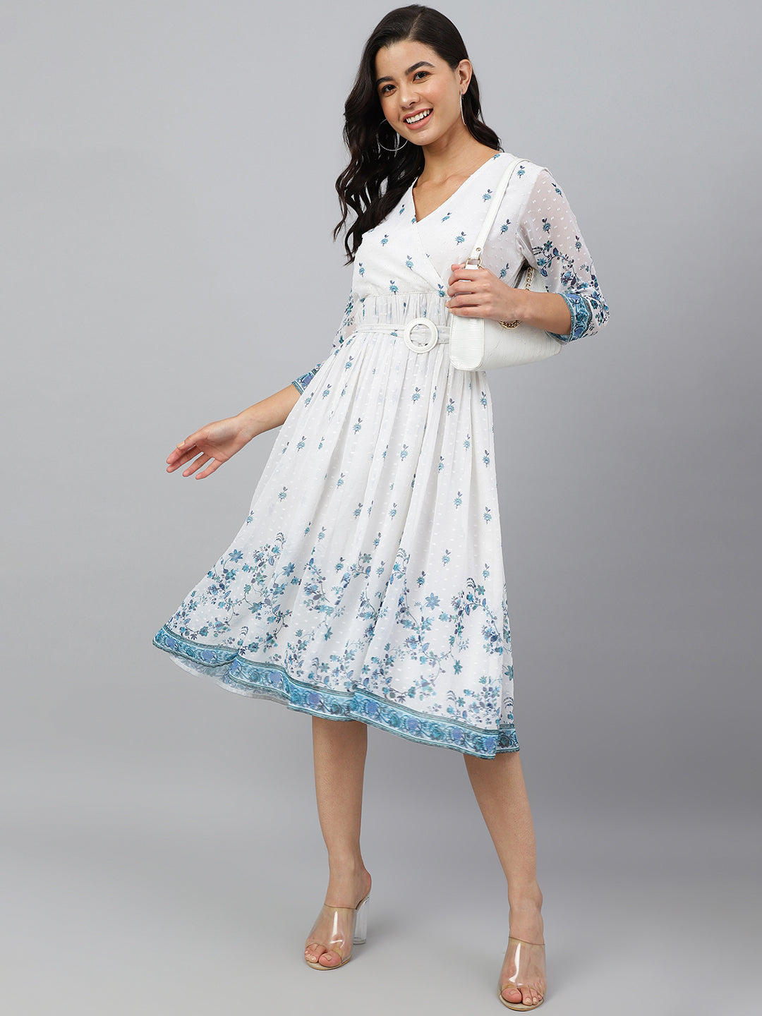 Janasya Women's White Georgette Digital Print Flared Western Dress