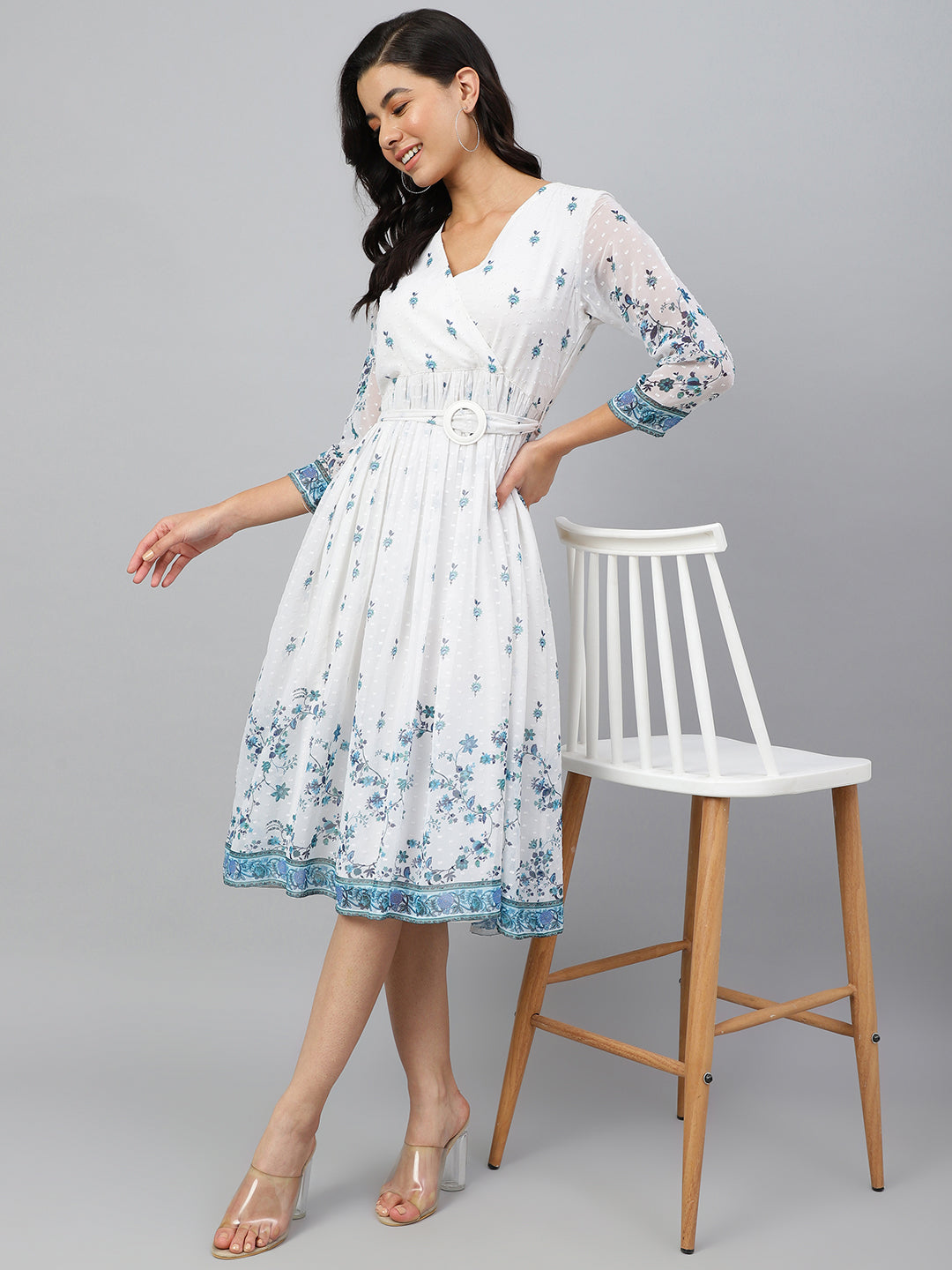 Janasya Women's White Georgette Digital Print Flared Western Dress