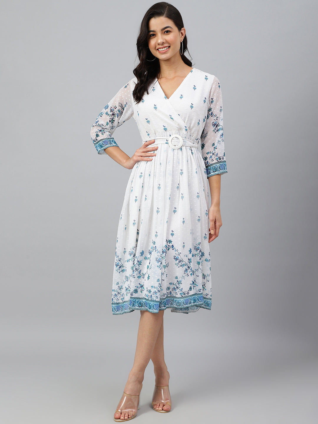 Janasya Women's White Georgette Digital Print Flared Western Dress