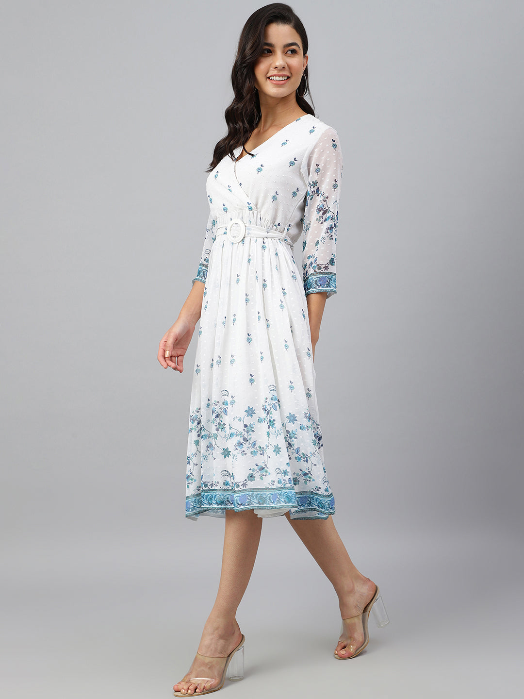 Janasya Women's White Georgette Digital Print Flared Western Dress