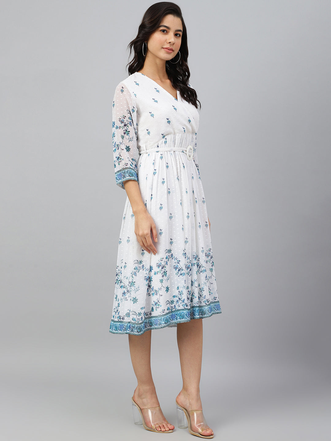 Janasya Women's White Georgette Digital Print Flared Western Dress