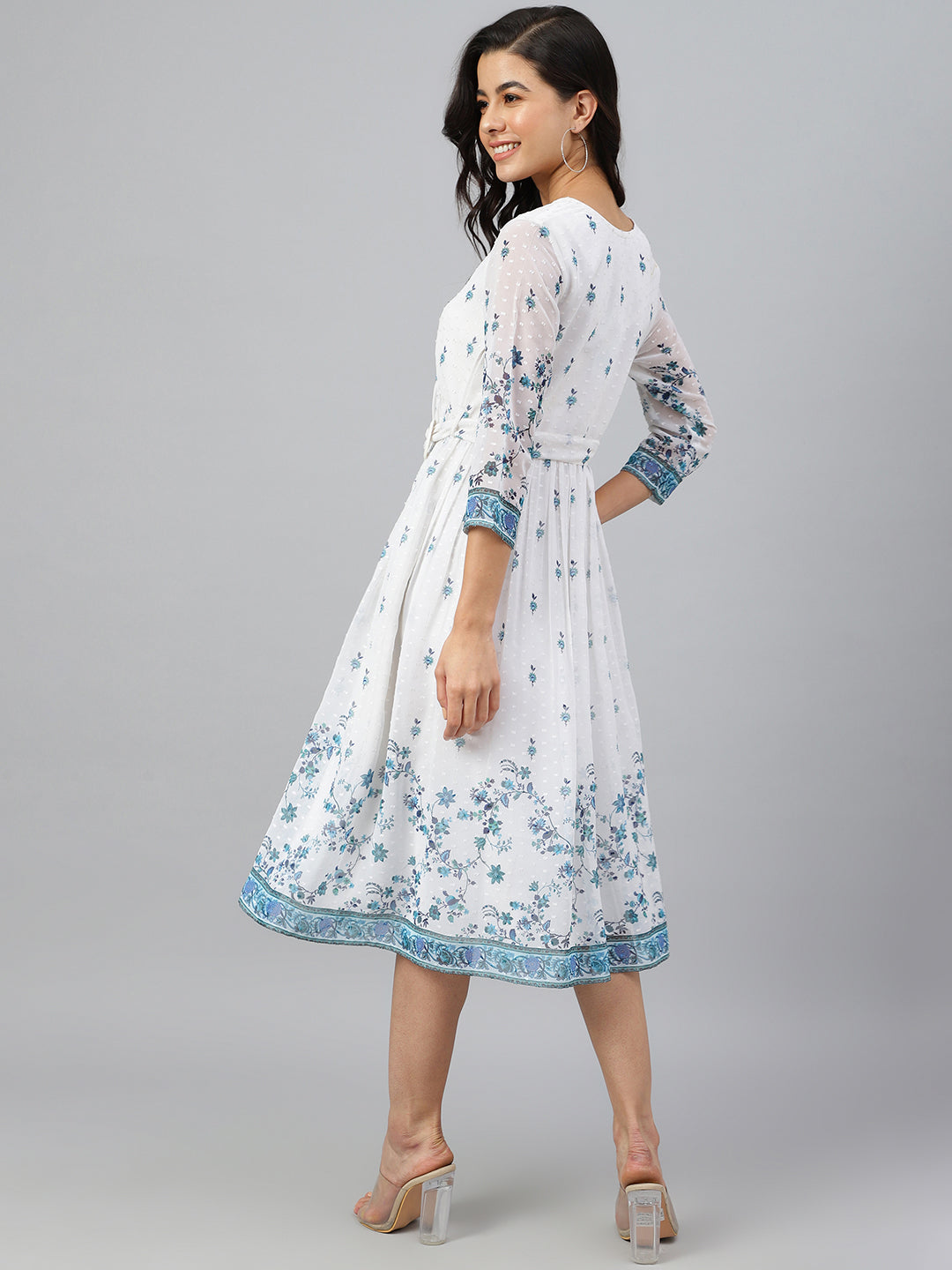 Janasya Women's White Georgette Digital Print Flared Western Dress