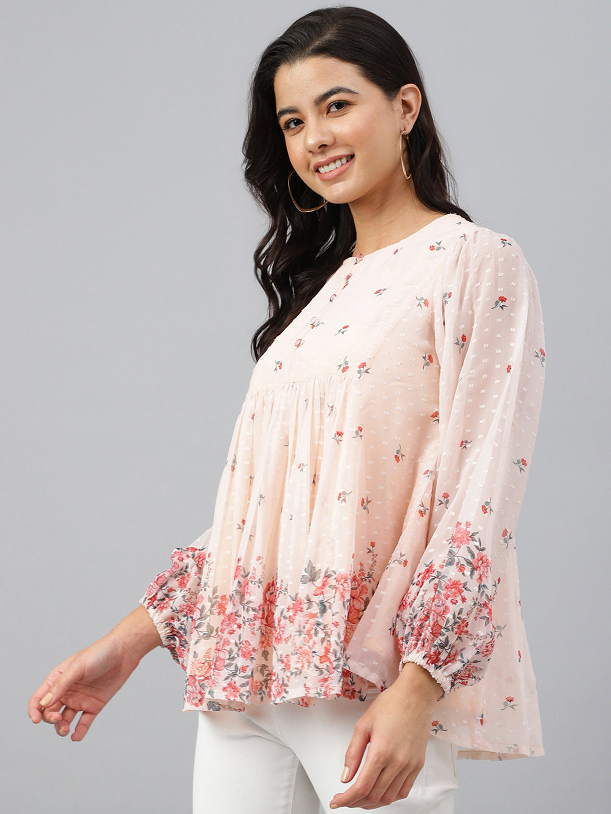 Janasya Women's Peach Georgette Floral Print Flared Top