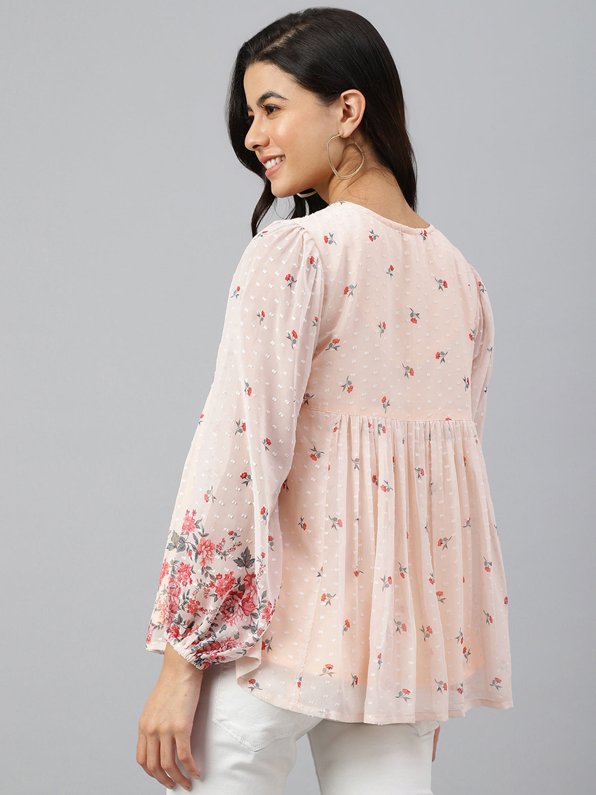 Janasya Women's Peach Georgette Floral Print Flared Top