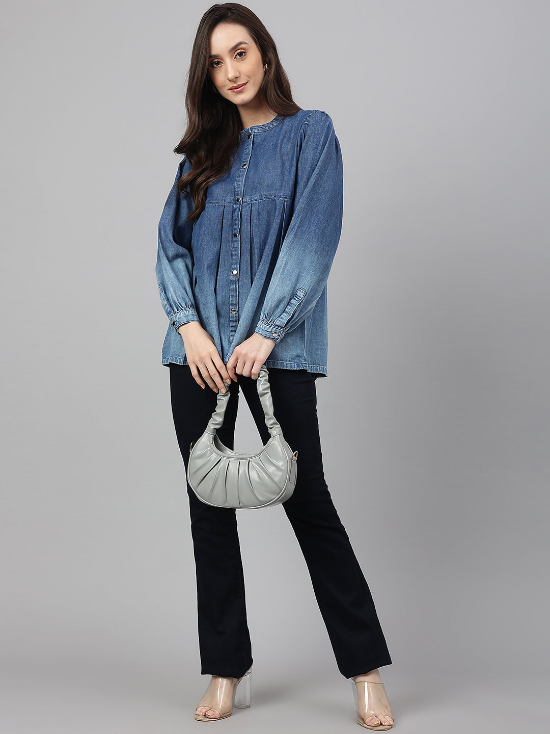 Janasya Women's Blue Denim Faded Flared Top