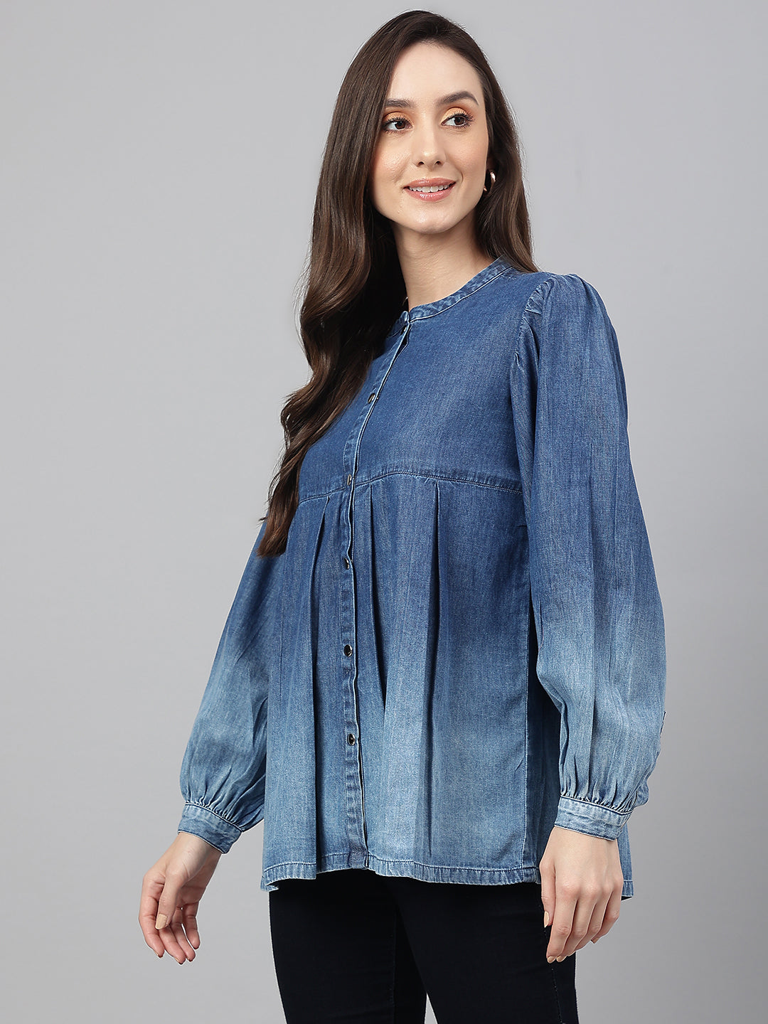 Janasya Women's Blue Denim Faded Flared Top