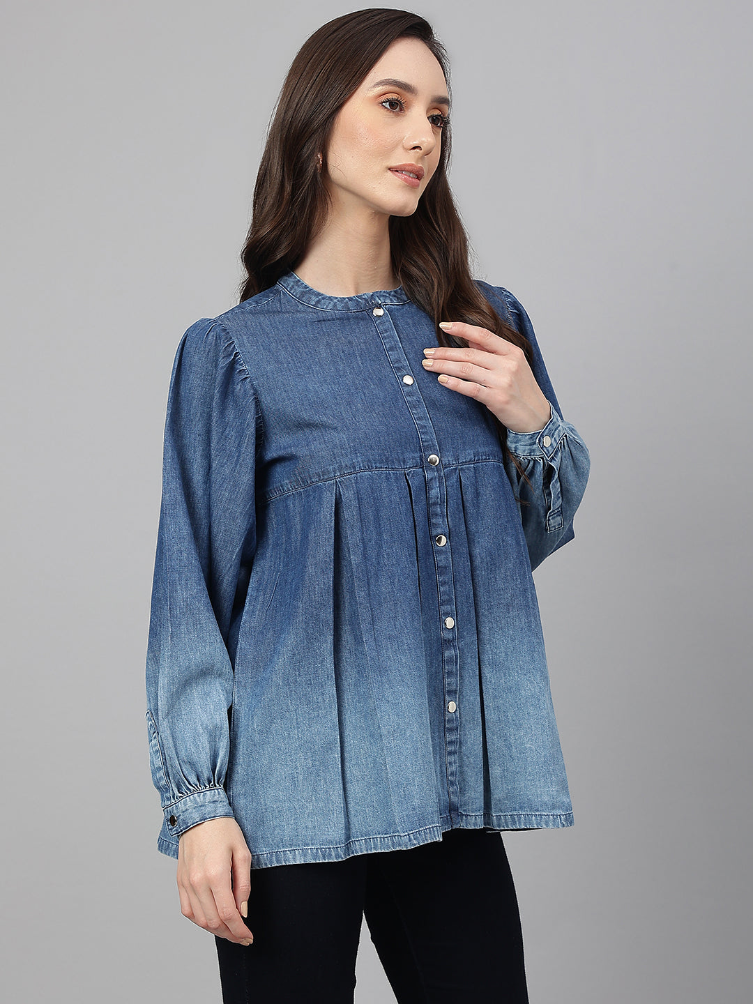 Janasya Women's Blue Denim Faded Flared Top