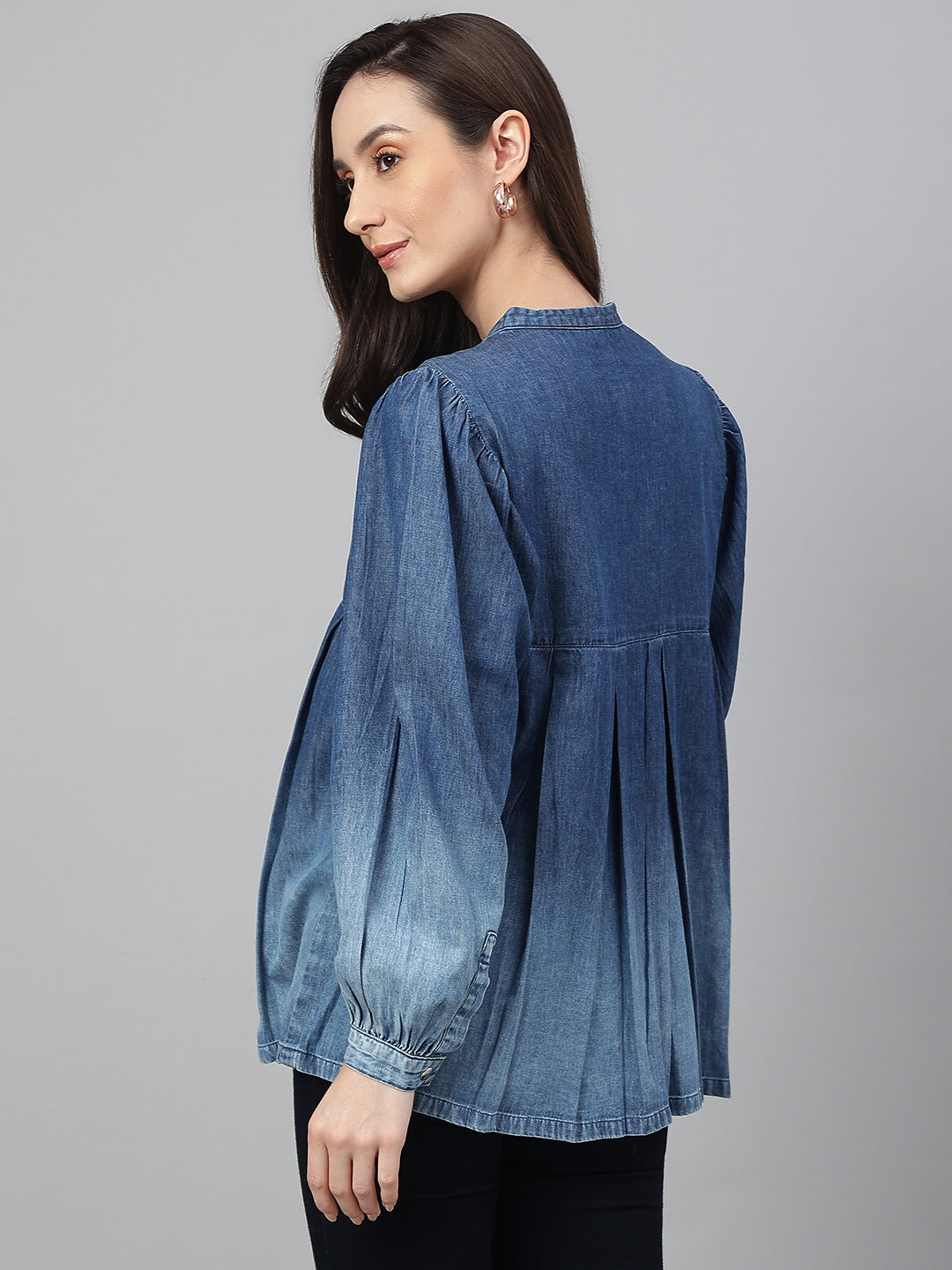 Janasya Women's Blue Denim Faded Flared Top
