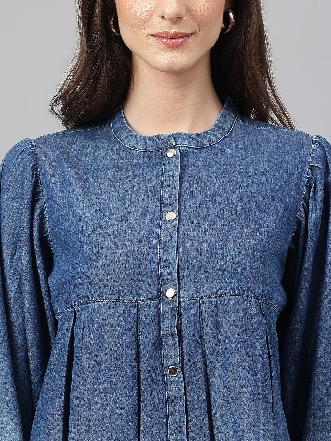 Janasya Women's Blue Denim Faded Flared Top