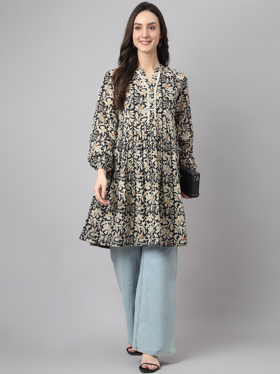 Janasya Women's Black Cotton Floral Print Flared Tunic