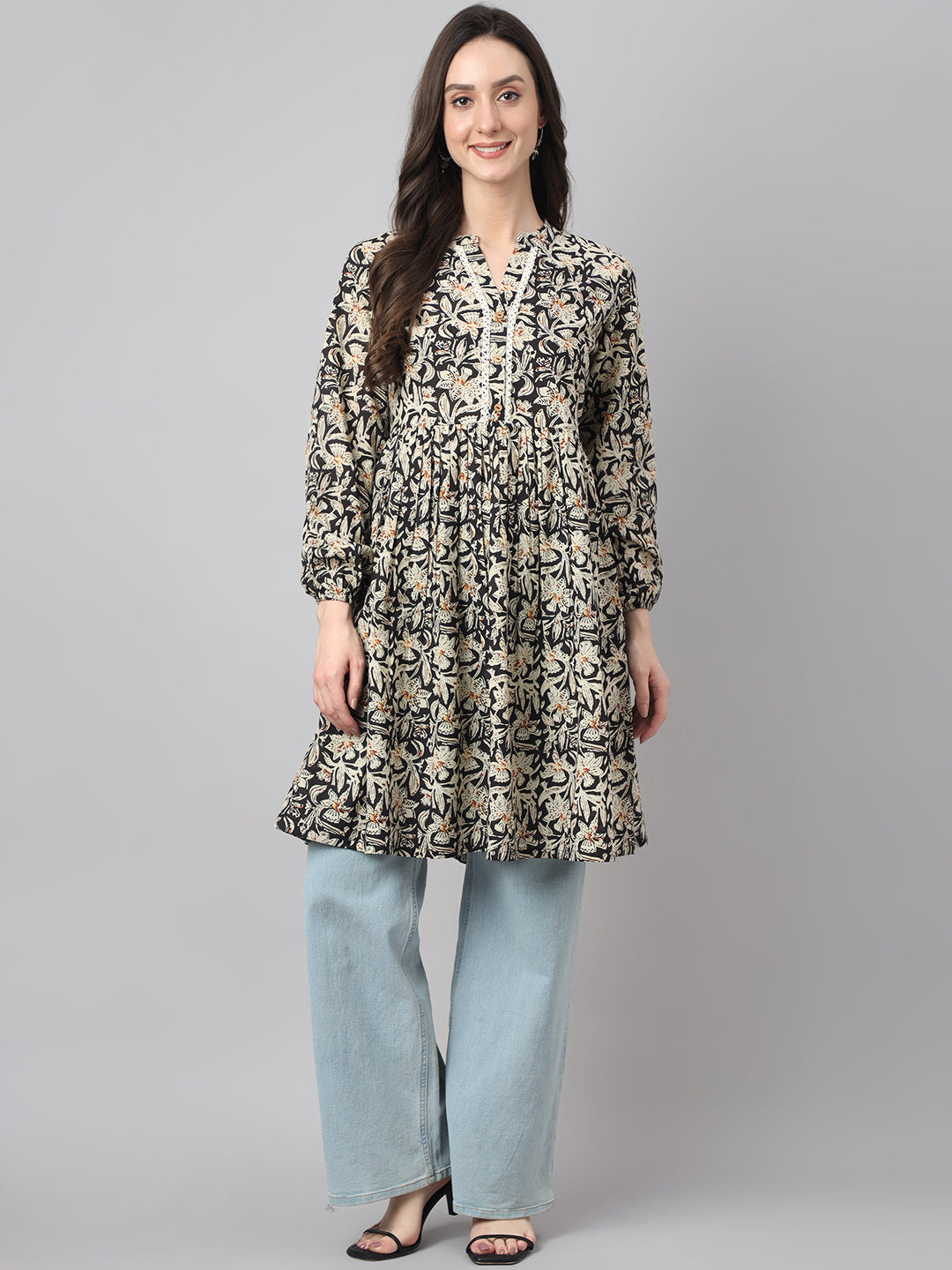 Janasya Women's Black Cotton Floral Print Flared Tunic