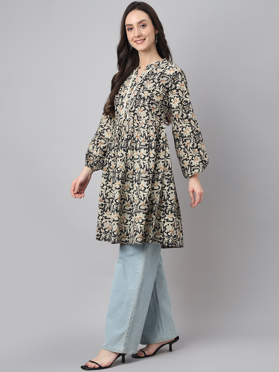 Janasya Women's Black Cotton Floral Print Flared Tunic