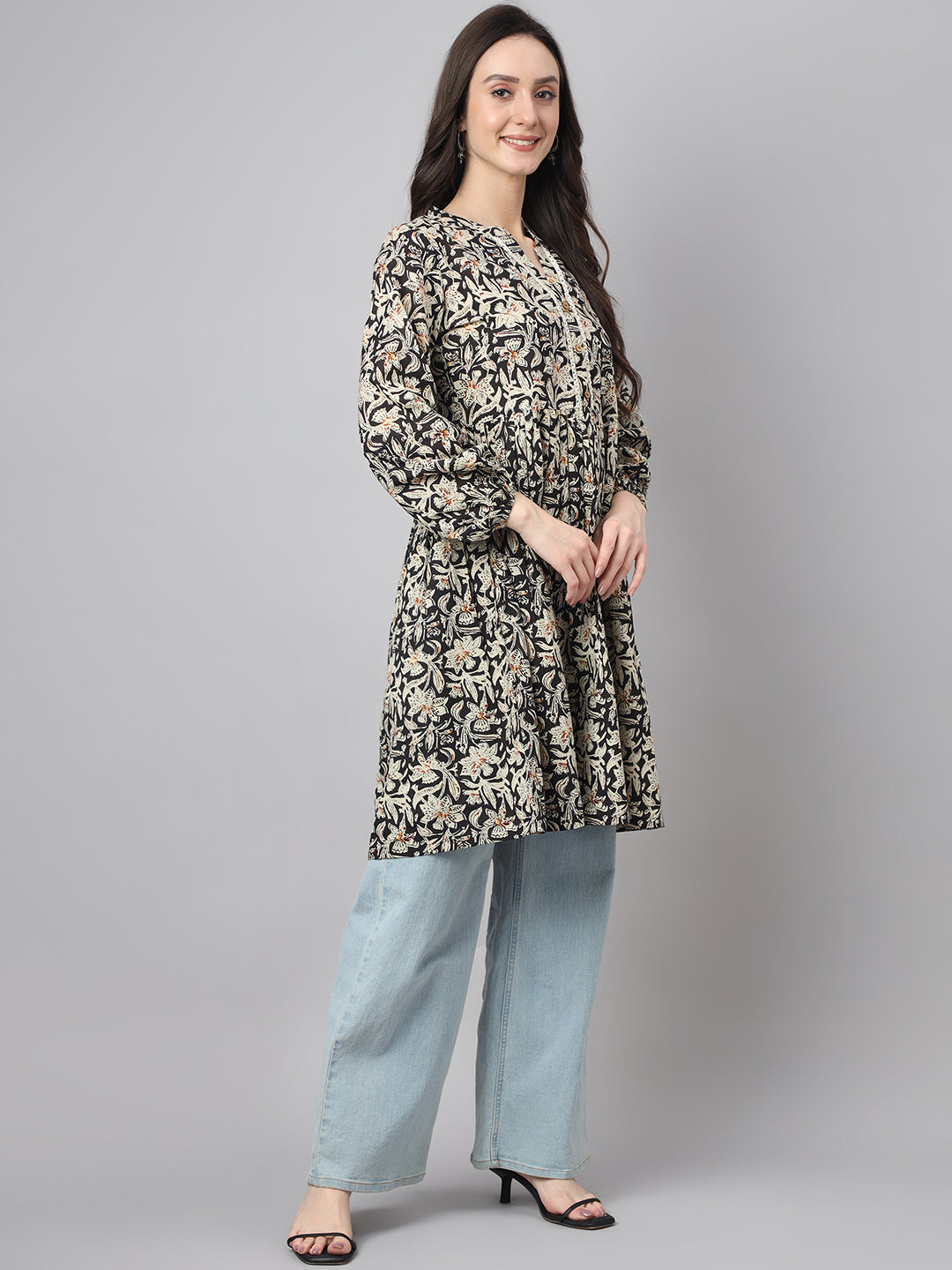 Janasya Women's Black Cotton Floral Print Flared Tunic