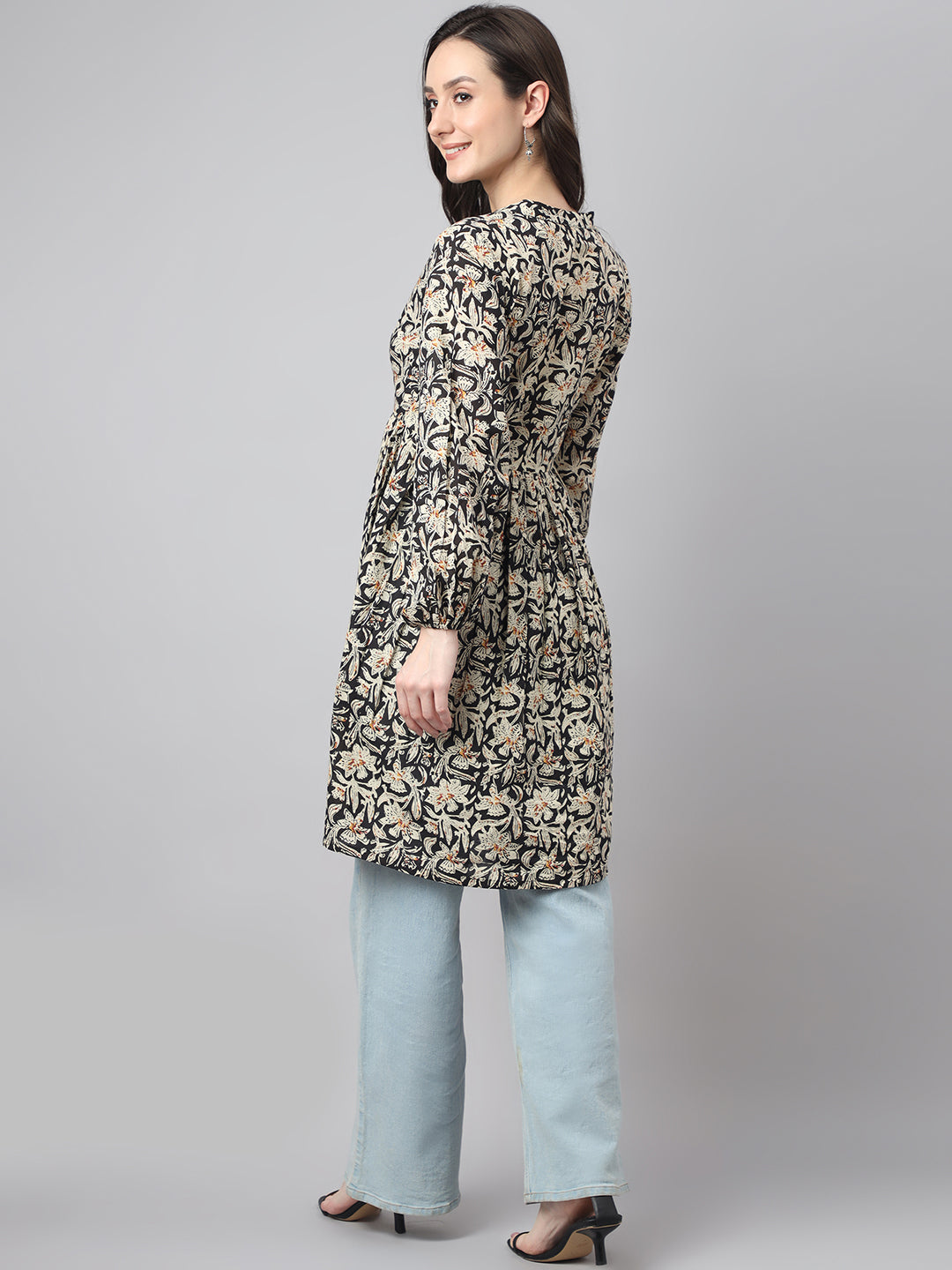 Janasya Women's Black Cotton Floral Print Flared Tunic
