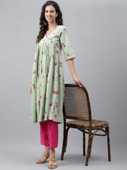 Light Green Cotton Floral Printed Flared Kurta Light Green Cotton Floral Printed Flared Kurta