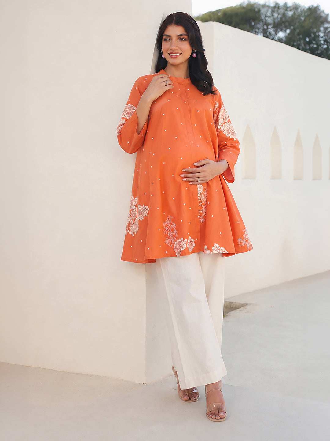 Janasya Women's Maternity Orange Pure Cotton Floral Printed A-Line Tunic