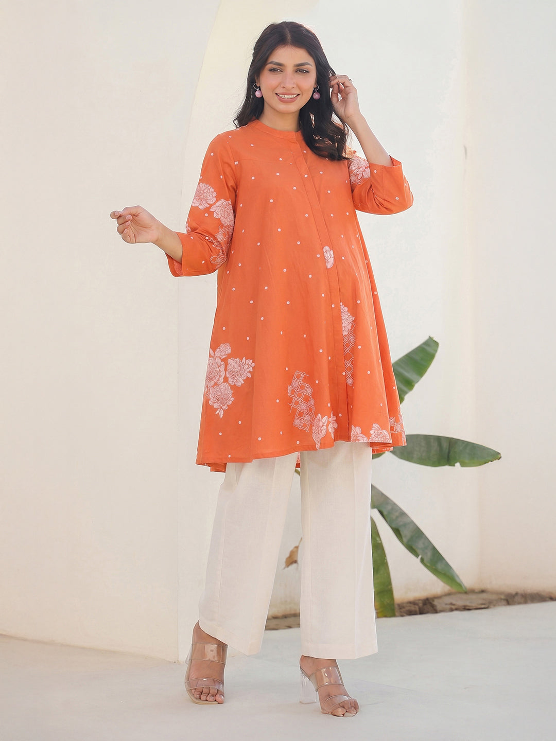 Janasya Women's Maternity Orange Pure Cotton Floral Printed A-Line Tunic