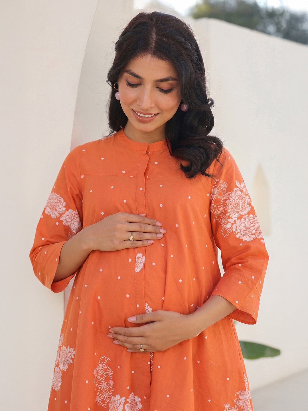 Janasya Women's Maternity Orange Pure Cotton Floral Printed A-Line Tunic