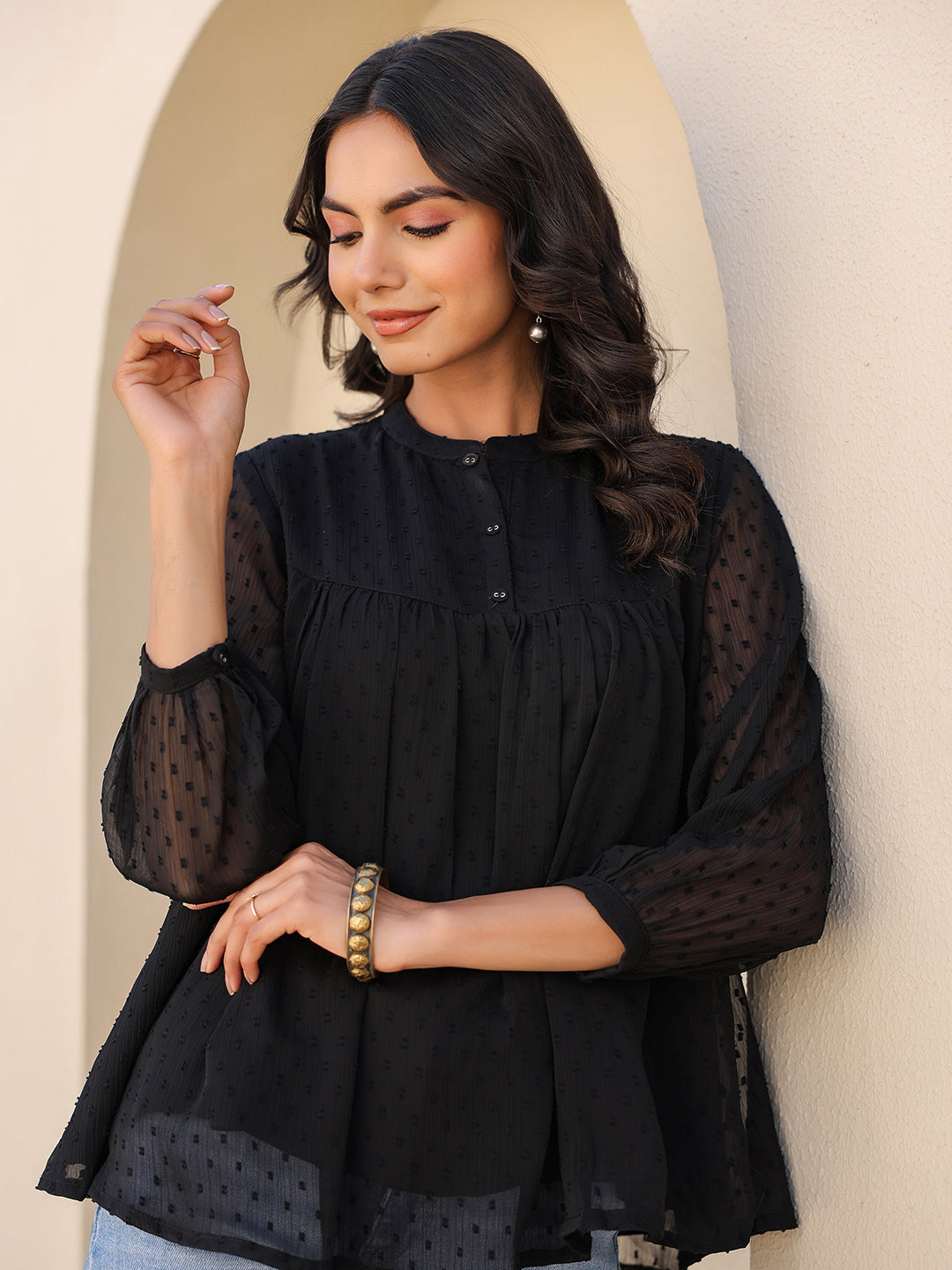Janasya Women's Black Dobby Chiffon Solid Empire Top