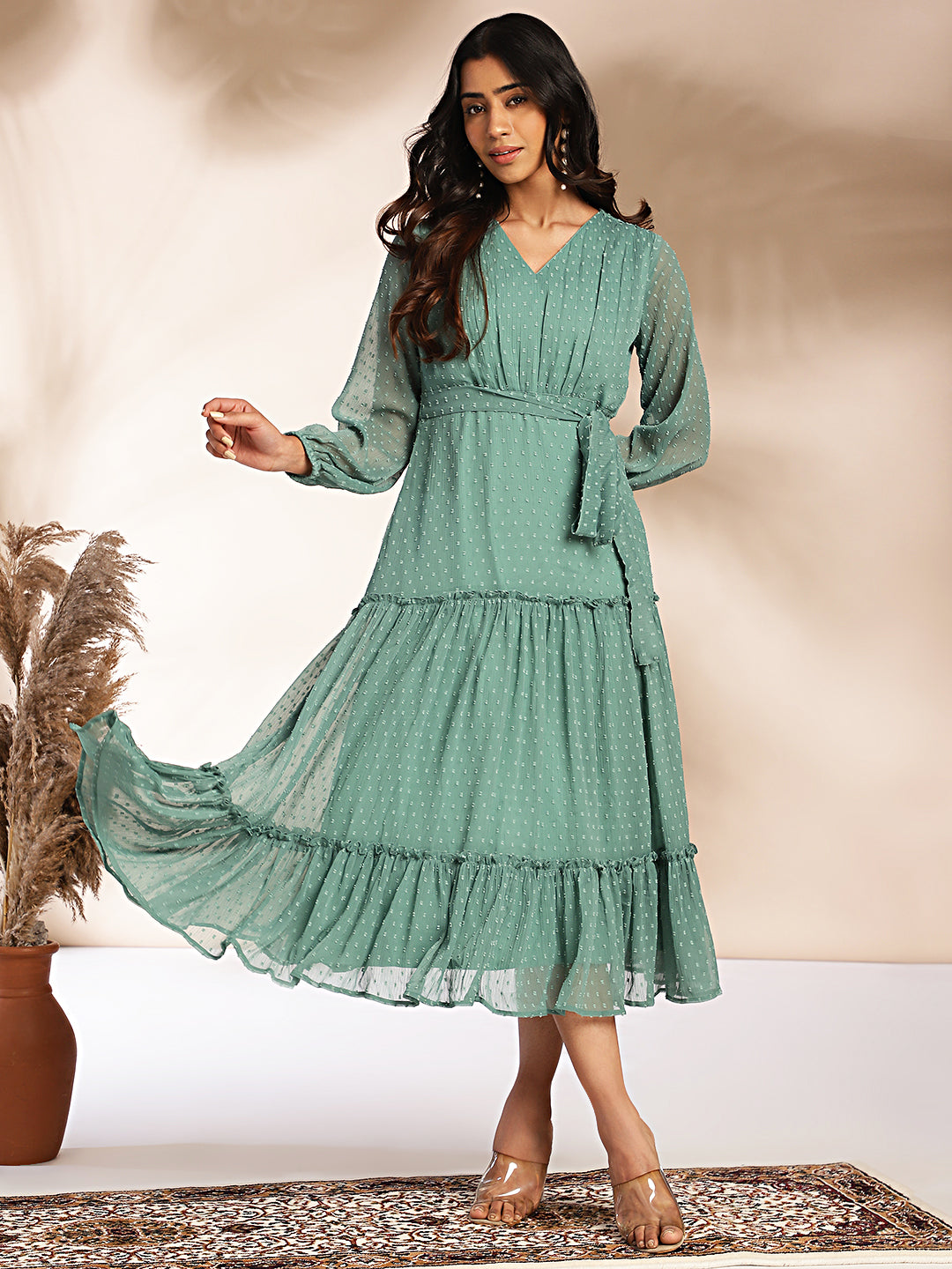 Janasya Women's Sage Dobby Chiffon Solid Tiered Dress
