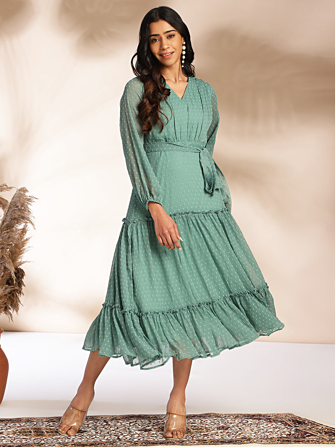 Janasya Women's Sage Dobby Chiffon Solid Tiered Dress