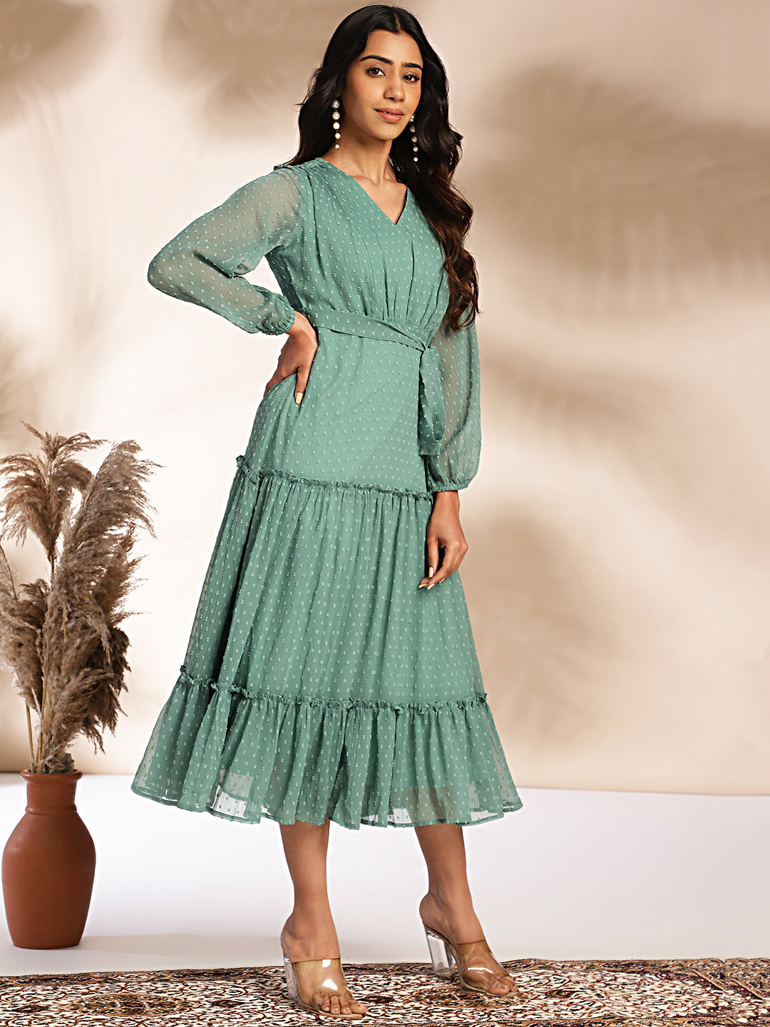 Janasya Women's Sage Dobby Chiffon Solid Tiered Dress