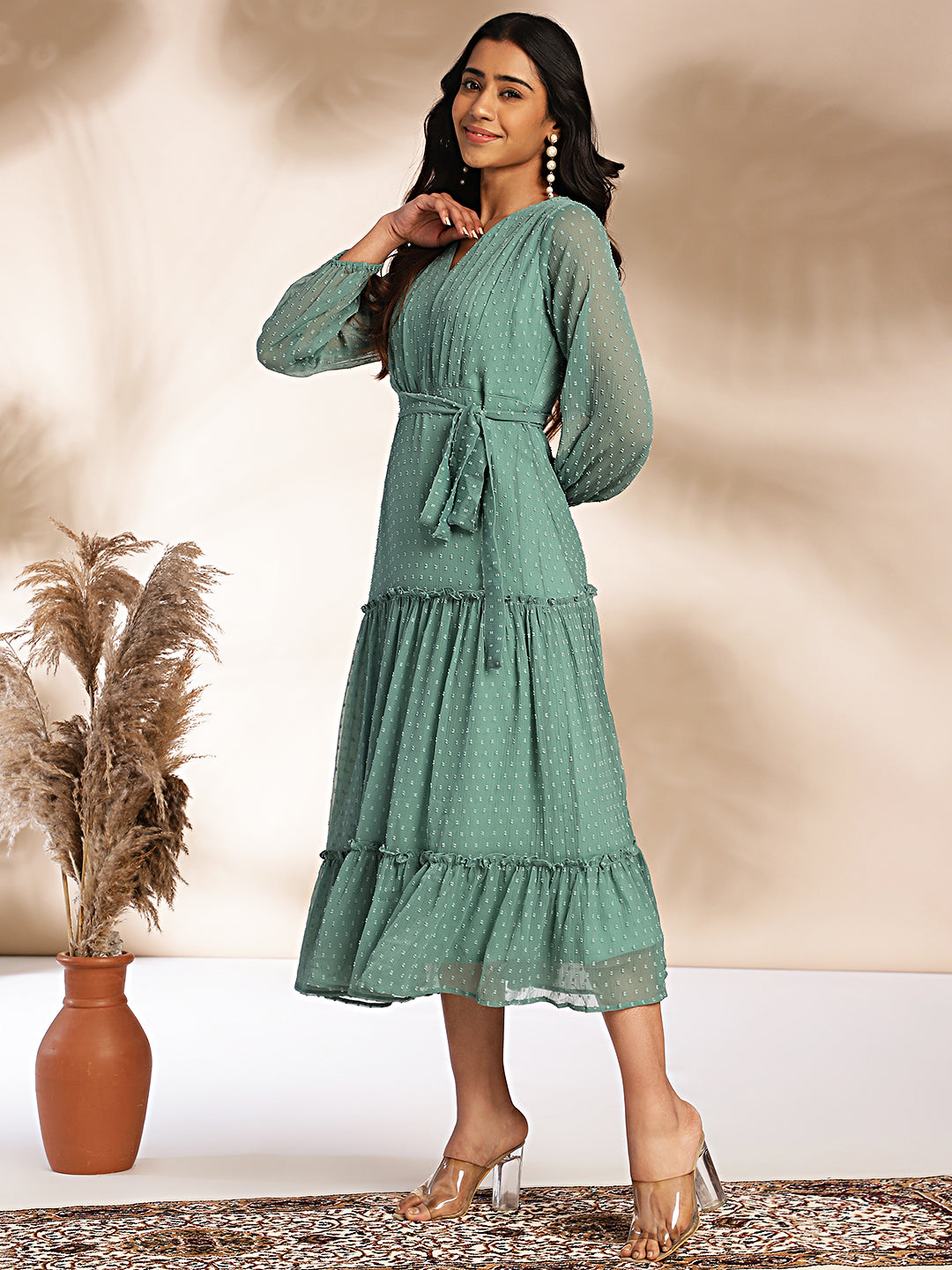 Janasya Women's Sage Dobby Chiffon Solid Tiered Dress