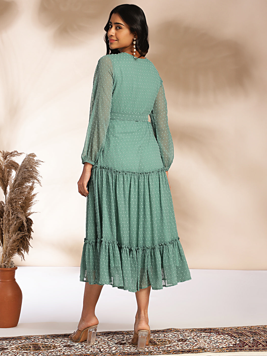 Janasya Women's Sage Dobby Chiffon Solid Tiered Dress