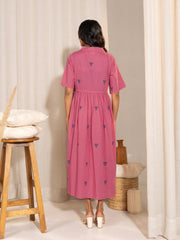 Pink Cotton Geometric Gathered Maternity Dress