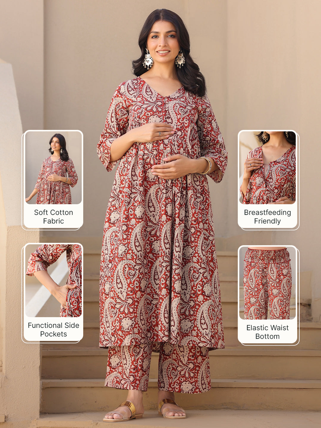 Maroon Pure Cotton Paisley Printed A-line Maternity Kurta Pant Set