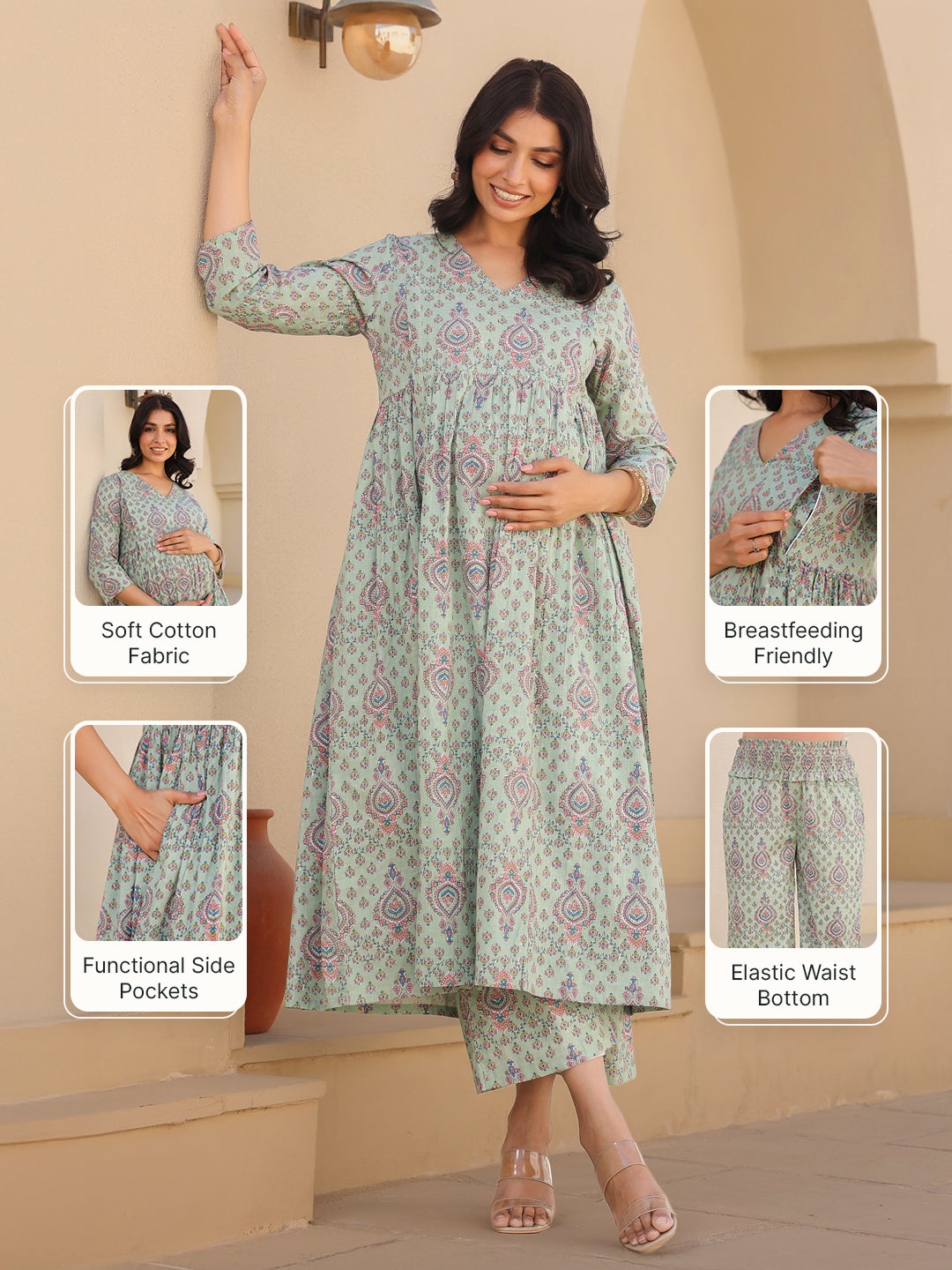 Light Green Pure Cotton Floral Printed A-line Maternity Kurta Pant Set