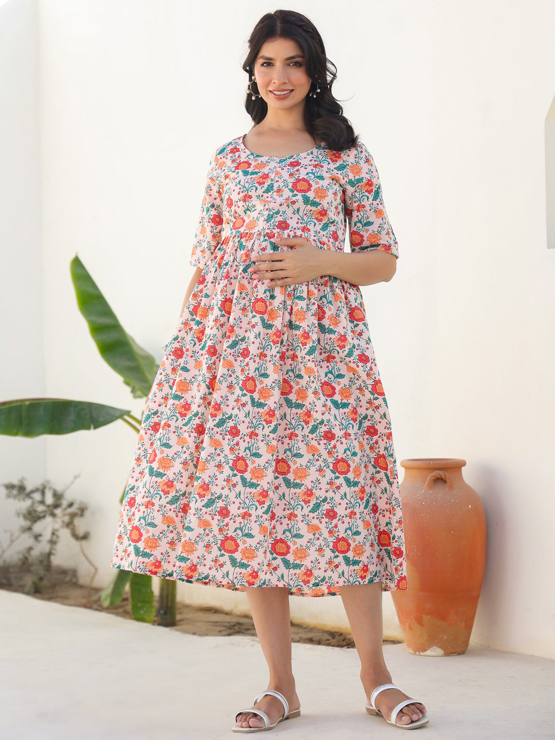 Peach Pure Cotton Floral Printed Fit & Flare Maternity Dress