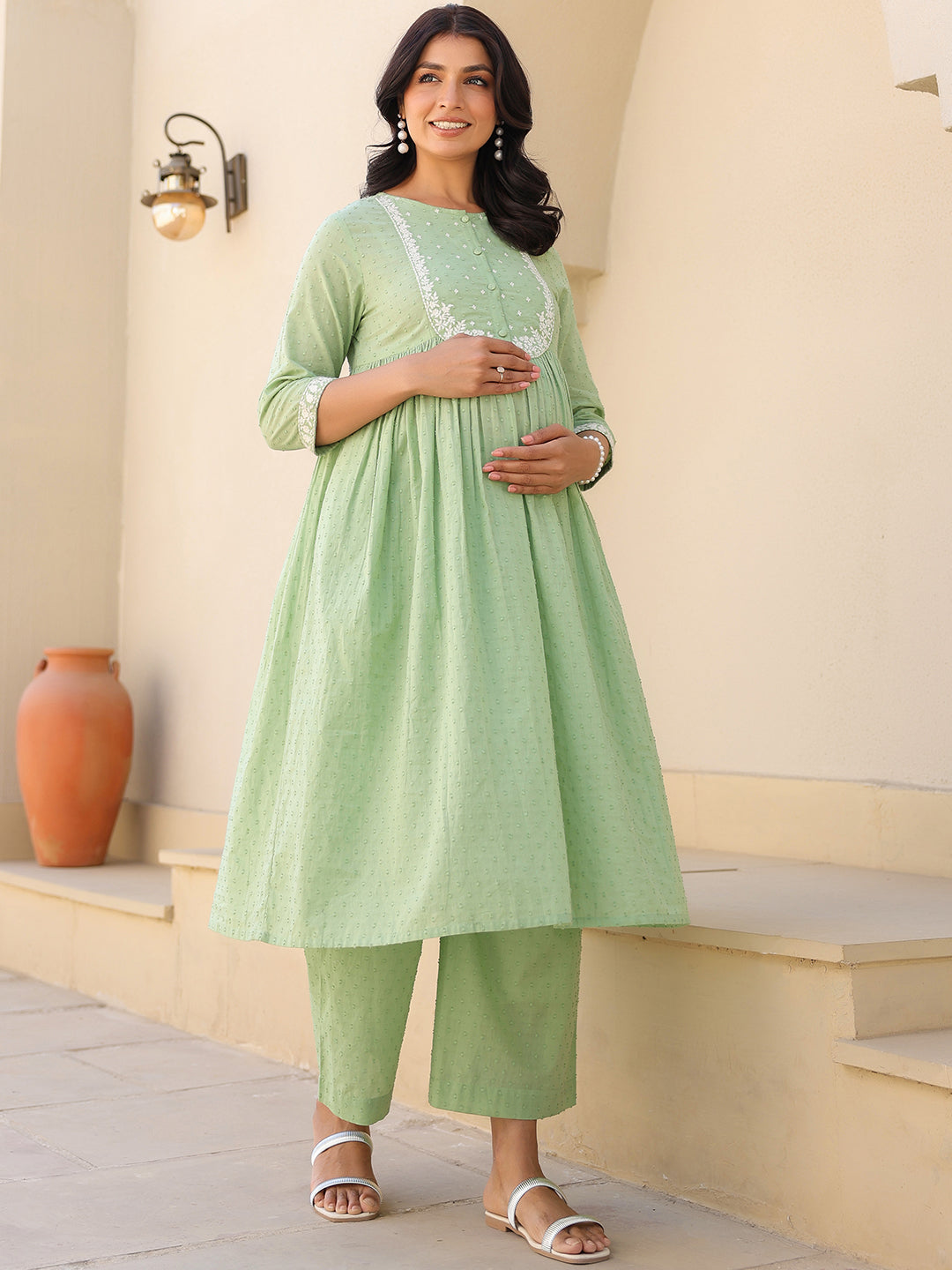 Janasya Women's Light Green Dobby Pure Cotton Yoke Embroidered A line Maternity Kurta Pant Set