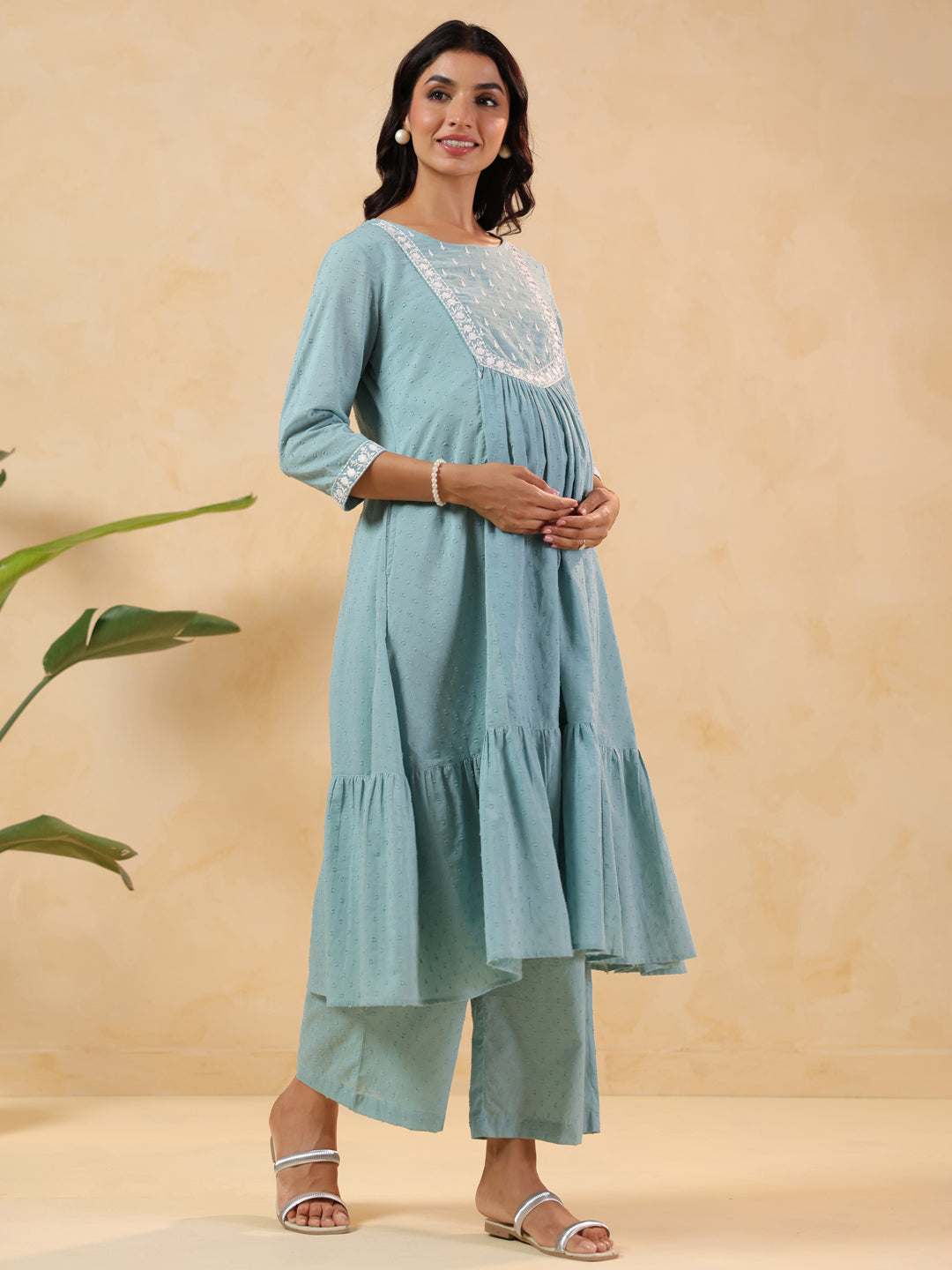 Janasya Women's Light Blue Dobby Pure Cotton Yoke Embroidered A-line Maternity Kurta Pant Set