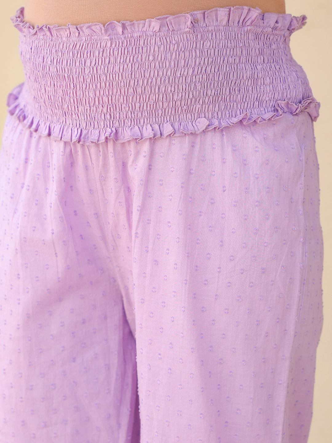 Janasya Women's Lavender Dobby Pure Cotton Yoke Embroidered A-line Maternity Kurta Pant Set