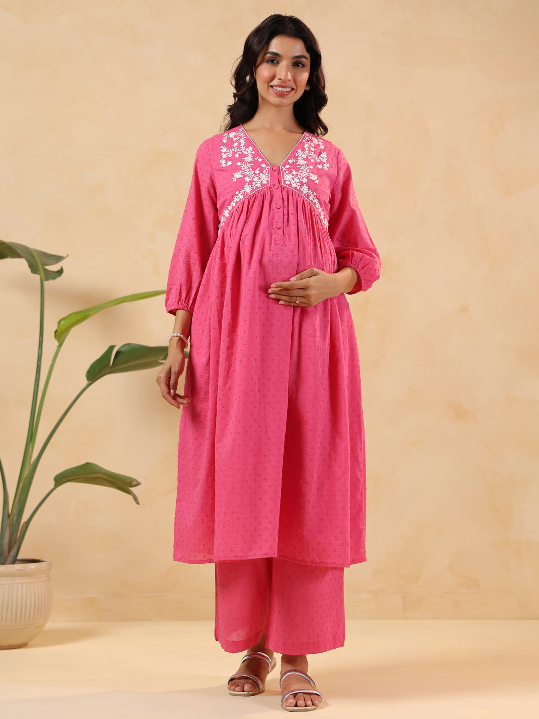 Janasya Women's Pink Dobby Pure Cotton Yoke Embroidery A-line Maternity Kurta Pant Set