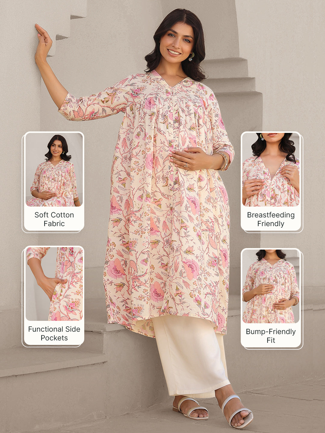 Cream Pure Cotton Floral Printed A-line Maternity Kurta