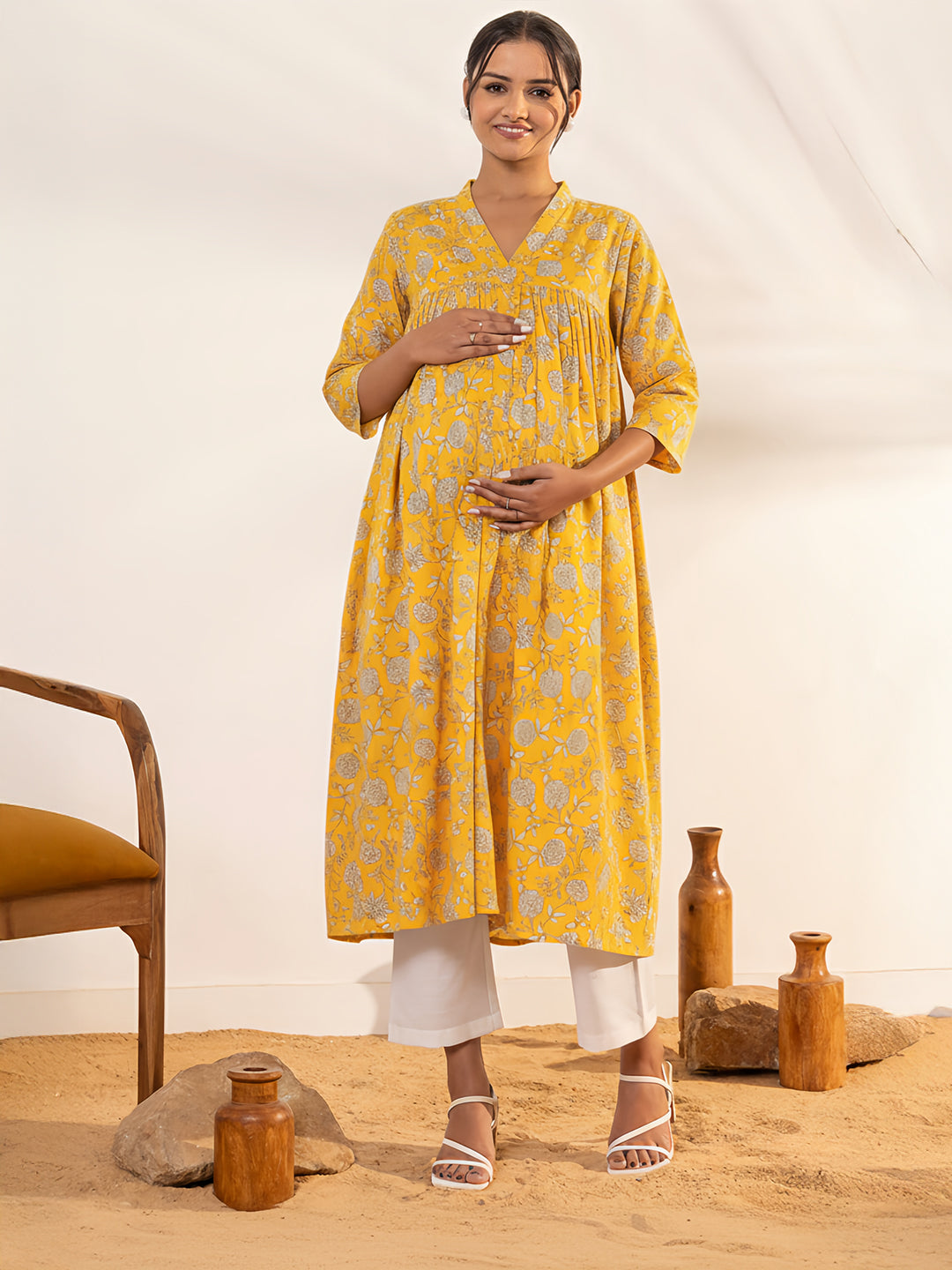 Janasya Women's Yellow Pure Cotton Floral Printed Empire Maternity Kurta