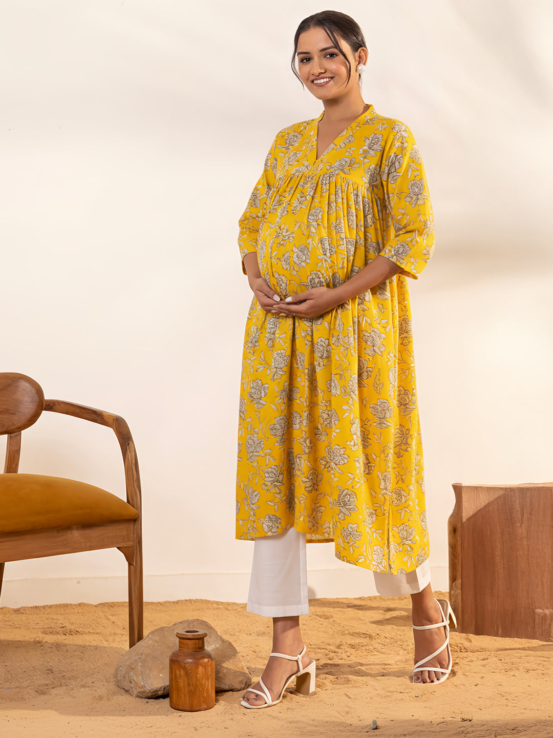 Janasya Women's Yellow Pure Cotton Floral Printed Empire Maternity Kurta