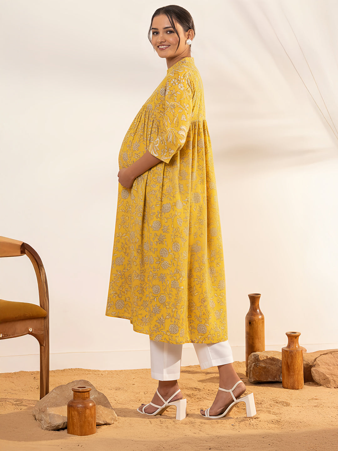 Janasya Women's Yellow Pure Cotton Floral Printed Empire Maternity Kurta