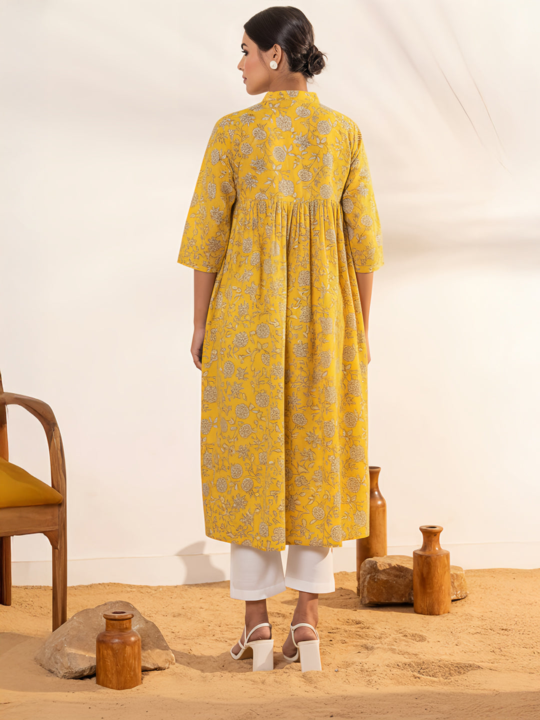 Janasya Women's Yellow Pure Cotton Floral Printed Empire Maternity Kurta