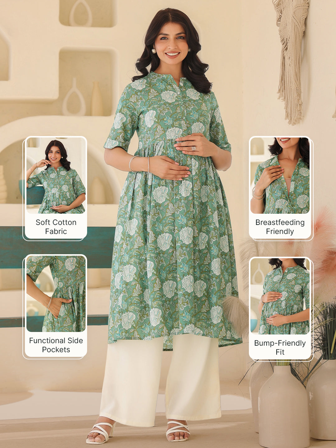 Sage Green Pure Cotton Floral Printed A-line Maternity Kurta