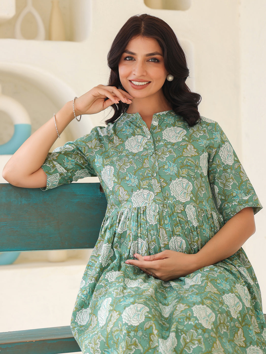 Sage Green Pure Cotton Floral Printed A-line Maternity Kurta