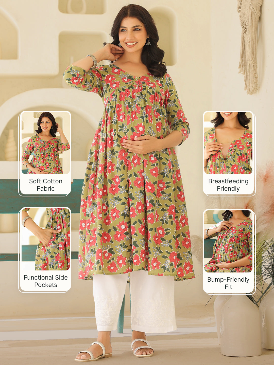 Sage Green Pure Cotton Floral Printed Gathered Maternity Kurta