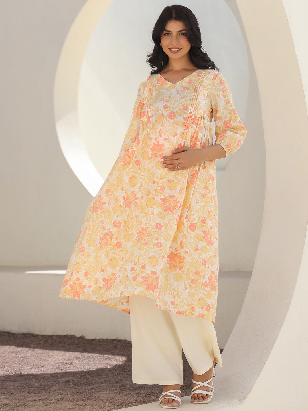 Off White Pure Cotton Floral Printed A-line Maternity Kurta