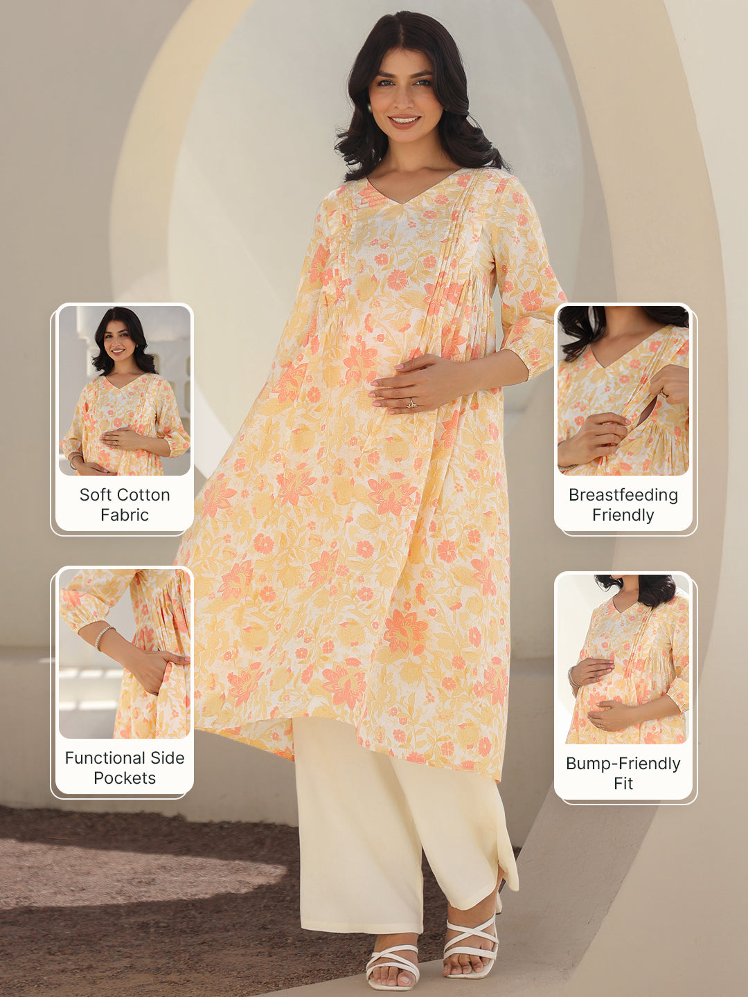 Off White Pure Cotton Floral Printed A-line Maternity Kurta