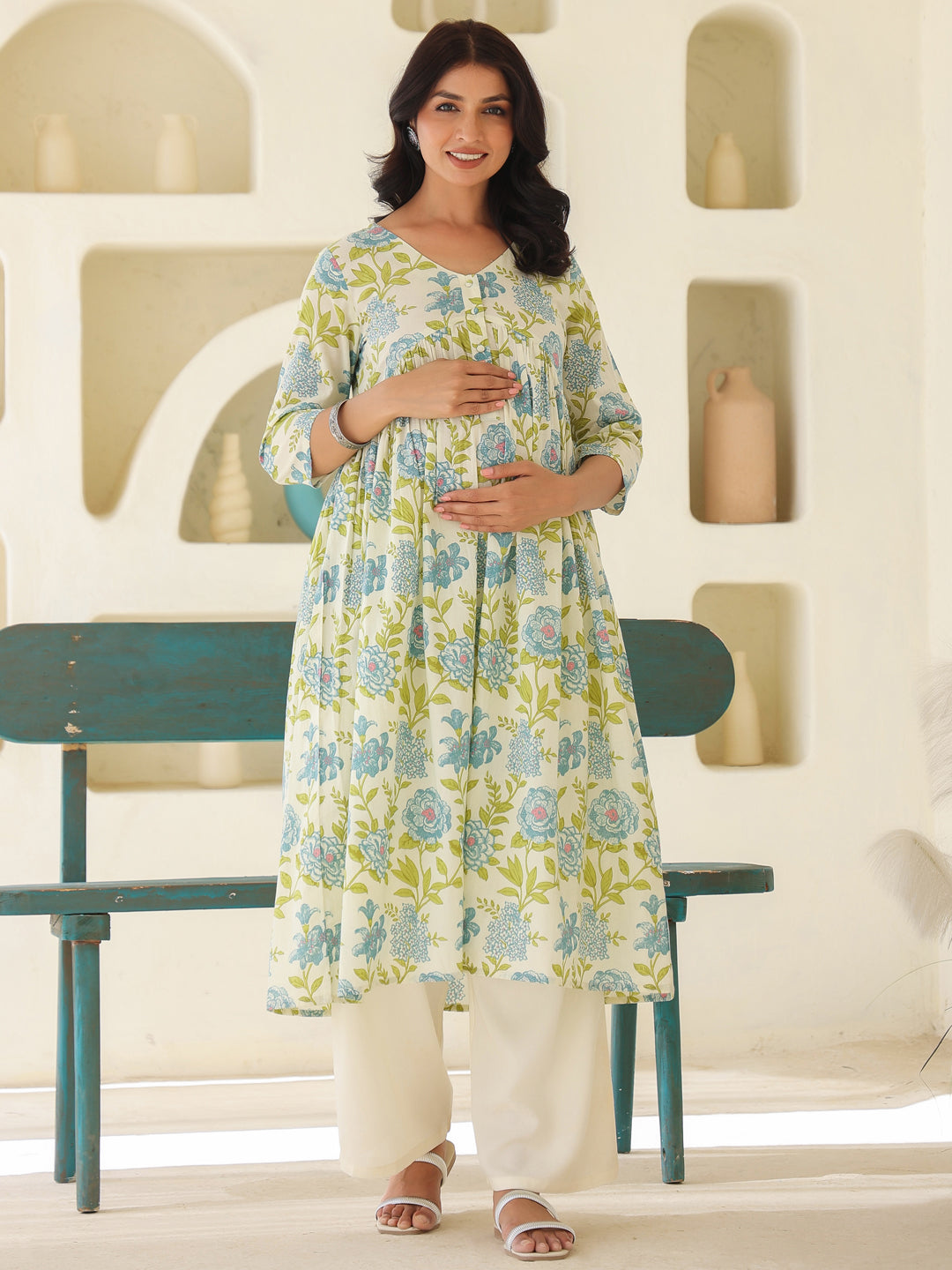 Off White Pure Cotton Floral Printed A-line Maternity Kurta